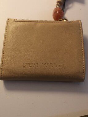 Steve Madden Brenzo Beige Zip Card Case with Beaded Wrist Strap